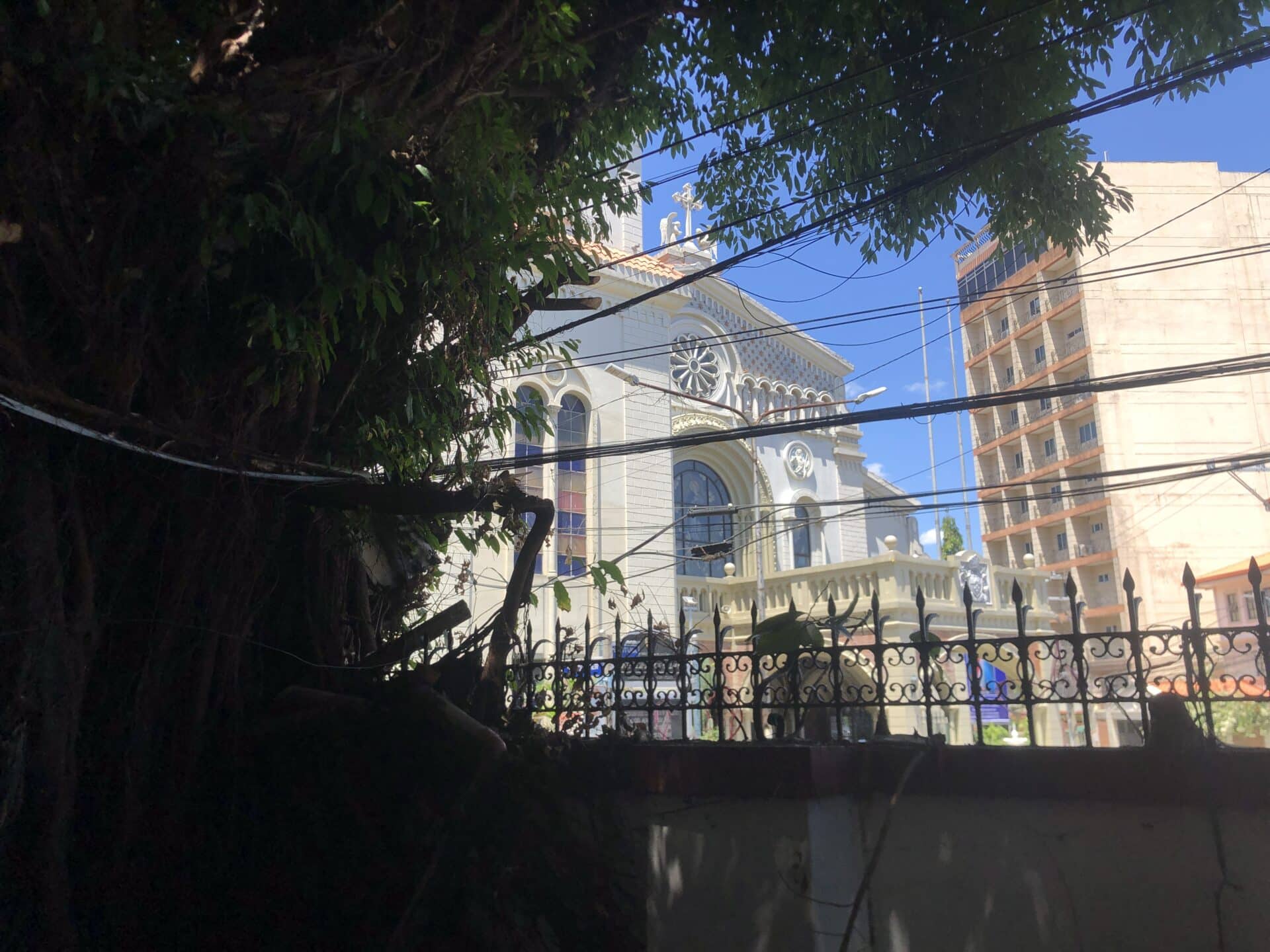 Looking over a wall at a cathedral